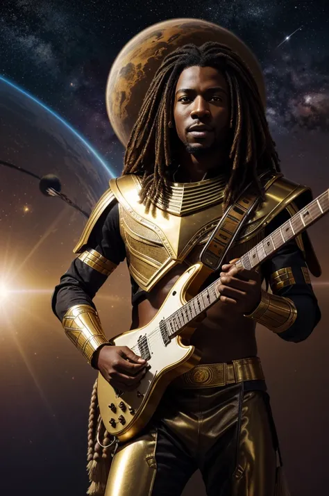 photo realistic, African male,Long brown hair with light brown streaks, Egyptian golden armor, futuristic, playing guitar out in space with planets floating by, 85mm cinematic lighting,