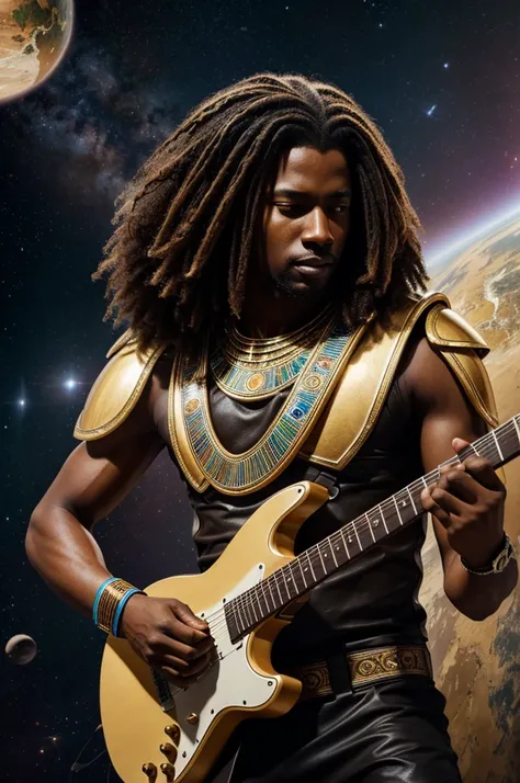 photo realistic, African male,Long brown hair with light brown streaks, Egyptian golden armor, futuristic, playing guitar out in space with planets floating by, 85mm cinematic lighting,