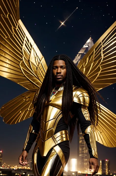 photo realistic, African male with long brown hair with light brown streaks, Egyptian golden armor,, futuristic, black man, long hair, full body, black butterfly wings, a golden ank on his front jumping off city skyscraper into outer space with planets flo...