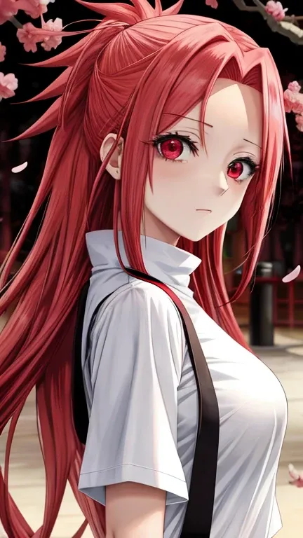 anime girl with red hair and blue eyes staring at something, one eye red, watery red eyes, ((red)) baggy eyes, red-eyes, sakura haruno in slug sage mode, sakura haruno, pain from naruto, large red eyes, fully red eyes, red left eye, flat anime style shadin...