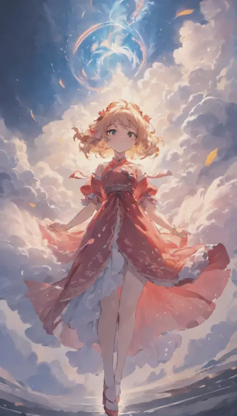 pure white picture，The painting depicts a woman in an old red dress，There&#39;s a huge pink goldfish in the clouds, made of fog, dark white and pink, In the style of Lee Shu-heung, shilin huang, Talented people々, air-like shape, Huge scale, elegant and bal...