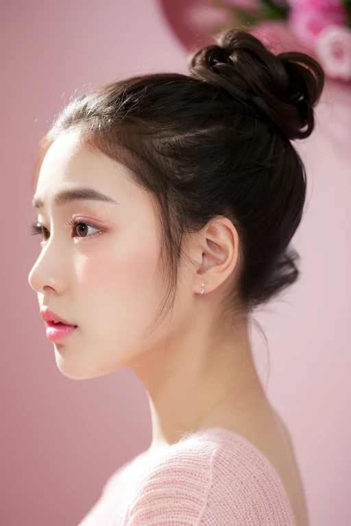 Masterpiece, Best Quality, 1girls, profile, ponytail, updo hair, nape of neck, pink lips, slightly upturned nose, long eyelashes, realistic skin texture, attractive face, blurred, white background