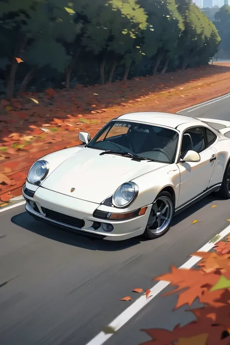 Porsche 911, full car shot, landscape, leaves falling