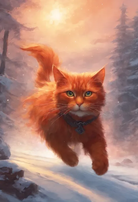 A red cat running after a departing train, The train goes into the sky with a red cat guide, snow is swirling in the sky.,