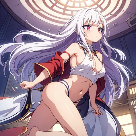 girl，thin，Navel exposed，barefoot，white hair，red pupils，Bare buttocks，Hands hanging from the ceiling，Tiptoes touch the ground，Long hair all over the body