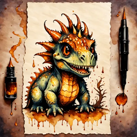 bug bear covered in tan-cream scales topped with orange-brown scales small horns over the eyes fierce fangs and a dinosaur-like tail, ink style, ink stains