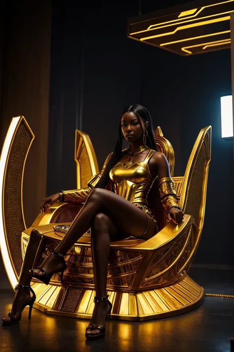 photo realistic, attractive cyberpunk African Asian girl, sitting on a futuristic golden throne, full body, 85mm cinematic lighting,