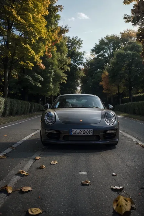 Porsche, full car shot, landscape, leaves falling, blur background 