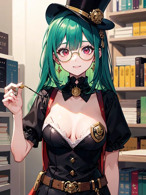 （（（masterpiece、Highest image quality、highest quality、highly detailed unity 8ｋwallpaper）））、（（Illustration of one girl、upper body））、（（（beautiful girl）））、（librarian）、（Emerald green hair、messy hair、sidelocks：1.2、red eyes、crazy smile）、（（（flat chest）））、（（（monocl...