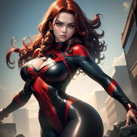 Spider-Woman, a bold and agile heroine around 30 years old, flaunts her curvaceous figure with ample bosom. Her jet-black costume perfectly complements her long, curly red hair that cascades down her broad shoulders. Her piercing green eyes are focused and...