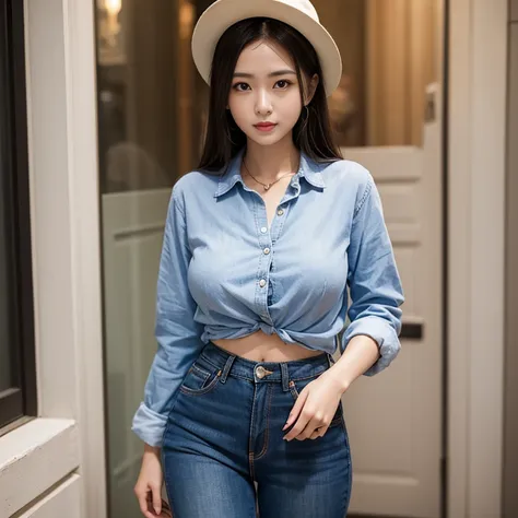 European girl with big breasts, small waist, slender legs, wearing a cowboy outfit. Wearing short jeans