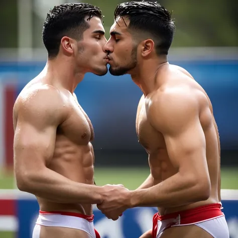 2 Capitanes musculosos de futbol americano hipnotizados y sin camisa, masturbated and kissed on the mouth by another smaller and thinner young man, Bulto grande, mostrando pectorales y abdominales completos,wet dreams, Great erection, besos, porno gay, fon...