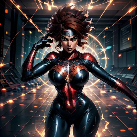 spider-woman, a bold and agile heroine around 30 years old, flaunts her curvaceous figure with ample bosom. her jet-black costum...