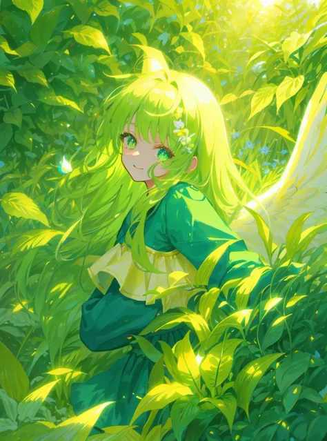 Illustration sunny day green nature cozy flora 1girl youthful and angelic appearance () long hair ((focus on face)) between giant leaves in the shade protecting from the strong sun smiling holding plants bright colors shades of green top quality ((light fo...