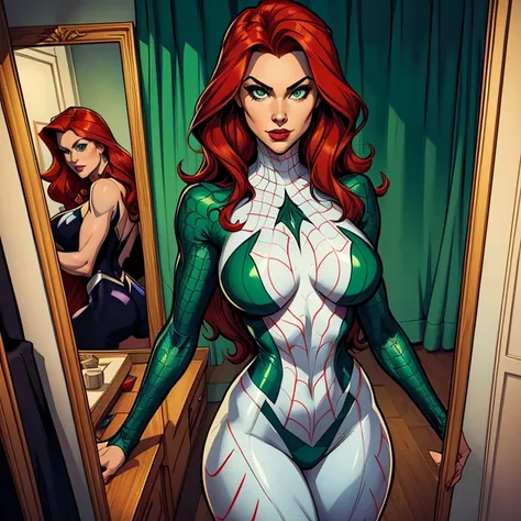 Spider Gwen, a captivating and daring woman in her late twenties, boasts long, wavy red hair and intriguing emerald green eyes. Clad in her iconic spider suit with an added bold twist, her ample bust is accentuated, exuding confidence and strength as she p...