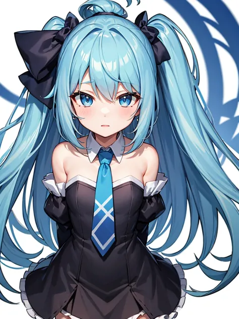 1girl, (solo), Cinnamiku, blue hair, blue eyes, hair rings, hair bow, blue bow, black sleeves, bare shoulders, blue necktie, wide sleeves, collared shirt, detached sleeves, black sleeves, necktie, blue necktie, frilled collar, cute, ((hair_behind_ear)), (c...