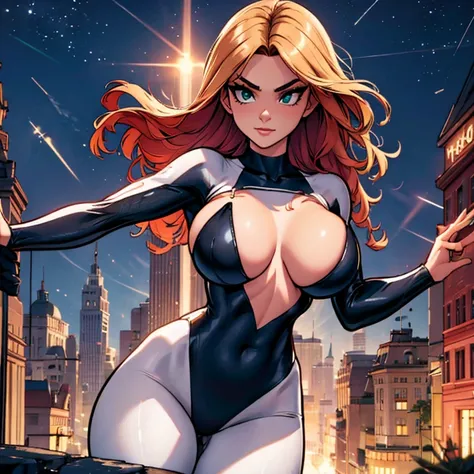 Spider Gwen, a captivating and daring woman in her late twenties, boasts long, wavy red hair and intriguing emerald green eyes. Clad in her iconic spider suit with an added bold twist, her ample bust is accentuated, exuding confidence and strength as she p...