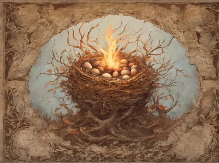 A large nest of a fire elemental, in a nest of a fire elemental and fire eggs