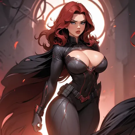 ((8k, RAW photos, top quality, masterpiece: 1.2), (realistic, photorealistic: 1.37), Natasha Romanoff, sexy, seductive, beautiful, big breasts, bared chest, (amazingly beautiful woman), Black Widow, red hair, (high angle shot: 1.2), ((Best Quality)), (Ultr...