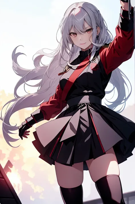 sukeban illyasviel_von_einzbern, mature_female, silver hair, holding yoyo, combat pose, full body, flowing hair, hair between the eyes, asymmetrical hair, red eyes, delicate facial features, sukeban deka clothe, looking_at_viewer, outdoors, background toky...