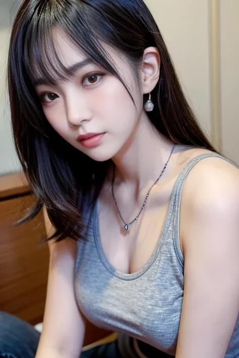 arafed asian woman with a necklace and a gray tank top, beautiful young korean woman, gorgeous young korean woman, beautiful south korean woman, korean girl, a young asian woman, korean woman, young adorable korean face, portrait of female korean idol, you...