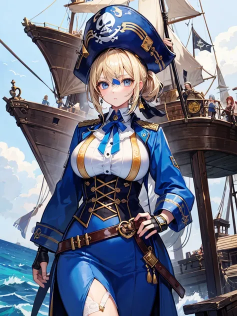 （（（masterpiece、Highest image quality、highest quality、highly detailed unity 8ｋwallpaper）））、（（Illustration of one girl、upper body））、（（（beautiful girl）））、（fantasy、female pirate）、（blonde、short ponytail：1.2、light blue eyes）、（（（Right hand is a prosthetic hand、st...