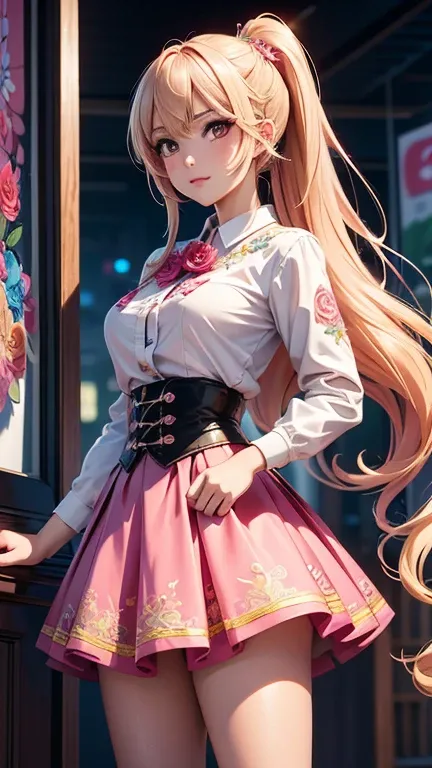 Super detailed, sharp focus, best quality, masterpiece, rich and colorful, Wrench logo, 1 gir, pretty face, olive skin, pantyhose, High heel, decorate, flower, pink skirt, embroidery, dirty blonde hair, Very long double ponytail, best quality, masterpiece,...