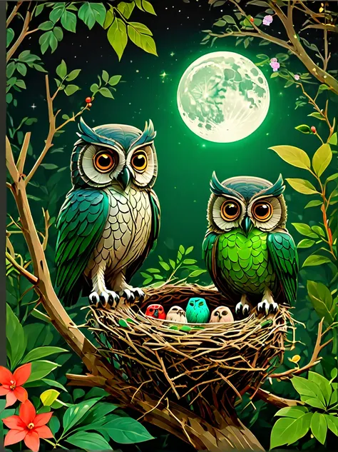 dark jungle，night，moon，cute owl，((Sophisticated and beautiful nest:1.5))，branches，green leaves，Colorful flowers and diverse plants