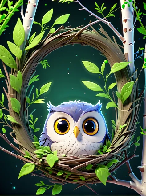 Pixar animation style, dark jungle，night，moon，cute owl，((Sophisticated and beautiful nest:1.5))，branches，green leaves，Colorful flowers and diverse plants, Made of marshmallow material, c4d, 8k, HD quality 