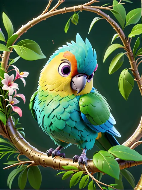 Pixar animation style, Rainforest，gold steel parrot，((Sophisticated and beautiful nest:1.5))，branches，green leaves，Colorful flowers and diverse plants, Made of marshmallow material, c4d, 8k, HD quality 