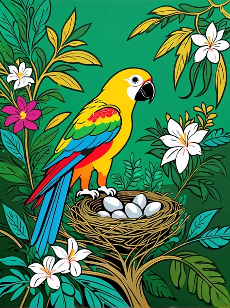 rainforest，gold steel parrot，((sophisticated and beautiful nest:1.5))，branches，green leaves，colorful flowers and diverse plants,...