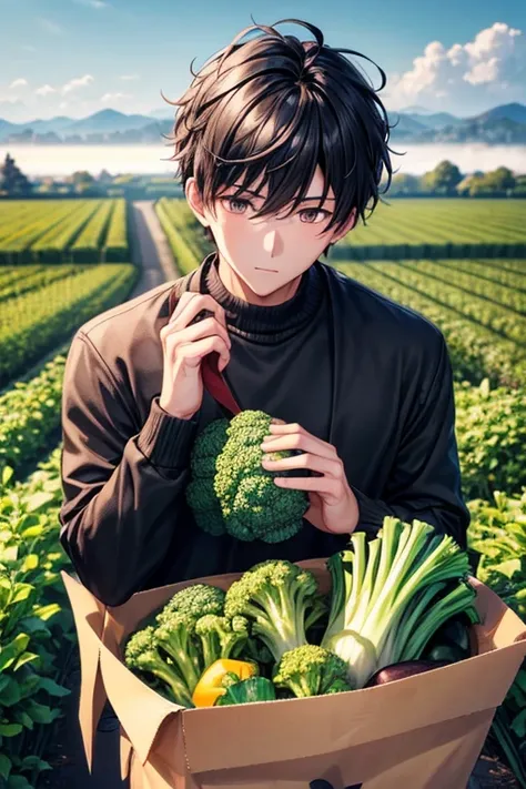 a handsome guy、20代の男性、winter clothes、black short hair、brown eyes、long sleeve、i like vegetables、broccoli field、high resolution、in...