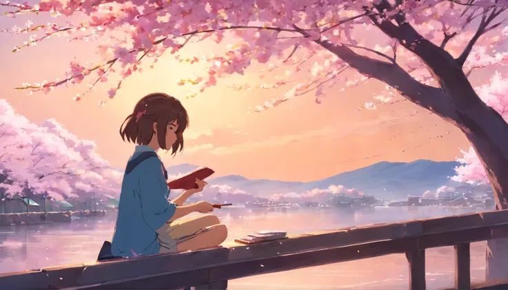 A beautiful and innocent girl is concentrating on her painting under a cherry blossom tree.