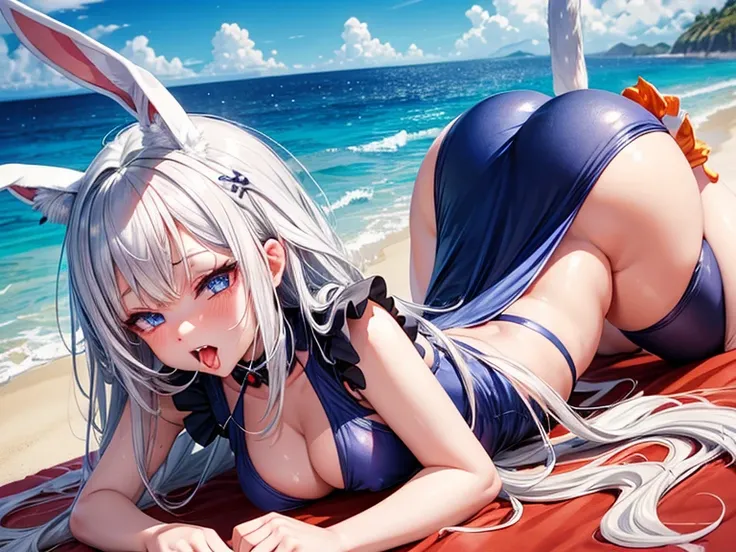 Thick silver haired bunny ears manga little demon ahegao tongue out open wide mouth open wide blue eyes red costume sexy bent body doggy_style ass focus ahegao fucked by orange tentacles in the ass ass gape at beach behind view 