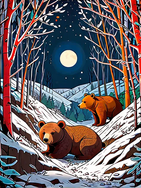 snowy jungle，night，moon，cute hibernating brown bear，((complex sheltered lair:1.5))，dead branches，leaves, graffiti in the style o...