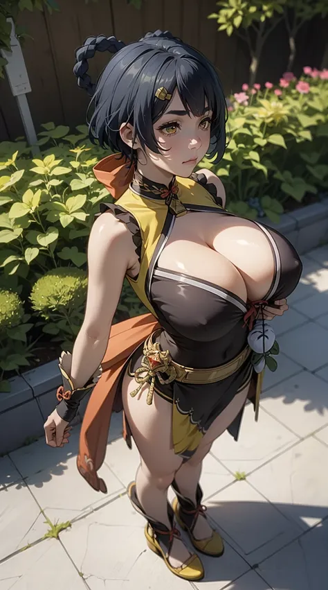 xiangling (genshin impact),1girl,blue hair, short hair, thick eyebrows, hairclip, hair rings, braid, yellow eyes, (Beautiful,Huge_Breasts:1.5),
BREAK
, 1girl, solo, Standing in the garden, Eye-level shot, full body, full figure,
BREAK
, Garden,
BREAK
, bow...