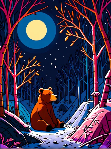 snowy jungle，night，moon，Cute hibernating brown bear，((lair:1.5))，Dead branches，Leaves, graffiti in the style of Keith Haring,sharpie illustration, Bold lines and solid colors, Simple details, minimalist，(qline)