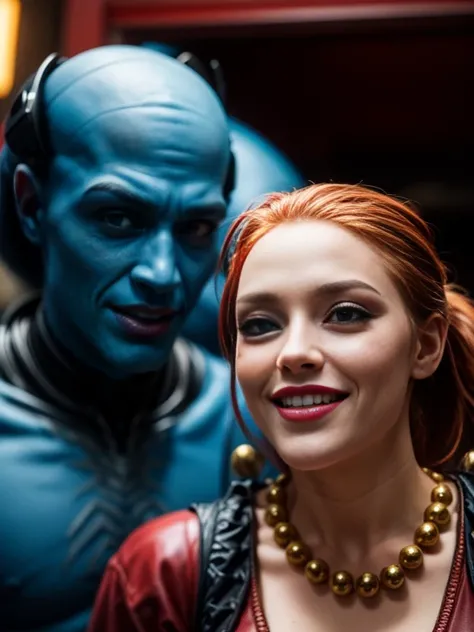 1female 1male as blue aliens in a mega-city, futuristic, antennae smiles red-hair man has thick ponytail detailed high quality highres high saturation 