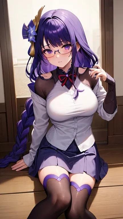 masterpiece, best quality, 1girl, solo, raiden shogun, long hair, purple hair, purple eyes, medium breasts, braided ponytail, hair ornament, blunt bangs, flowers, mole, mole under eye, sweat, wet, School Uniform Top, Stockings, Skirt, home background, insi...