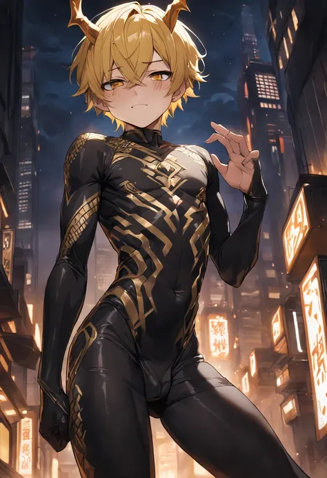 High quality，(best quality, 4k, a high resolution, masterpiece:1.2), Super detailed，（1 boy），（（（solo））），（Male juvenile）, Handsome boy, golden-yellow hair, black dragon horn, （（black bodysuit））,Tights with gold pattern，short hair，full-body shot，Single photo，...