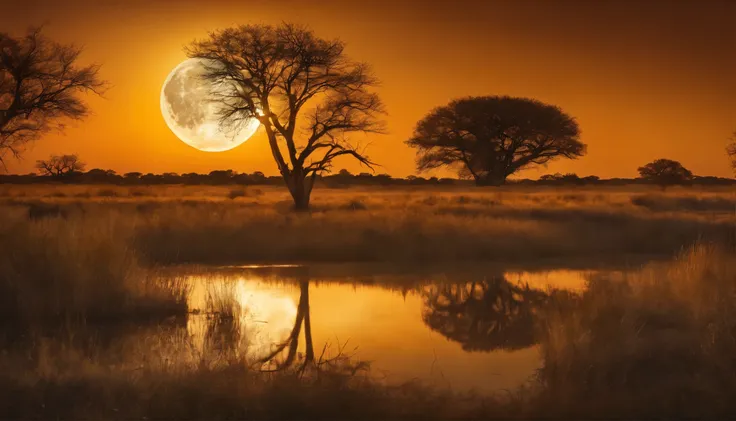 Arafed view of a full moon over the savannah at night, a photorealistic painting by Alexander Bogen, shutterstock, romanticism, reflection of the moon, big moon above the plains, yellowish full moon, moon shining golden light