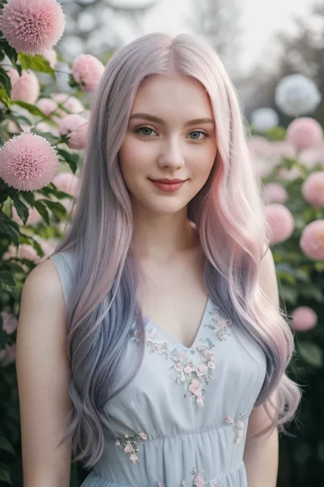 (Best quality, a high resolution:1.2),Full Length, beautiful figure, emotion smile, close-up portrait,Instagram style photo,standing next to flowers, 25 year old Russian girl.,long hair, pink hair,clothing dress in blue shades, Split Lighting,pale skin,hig...