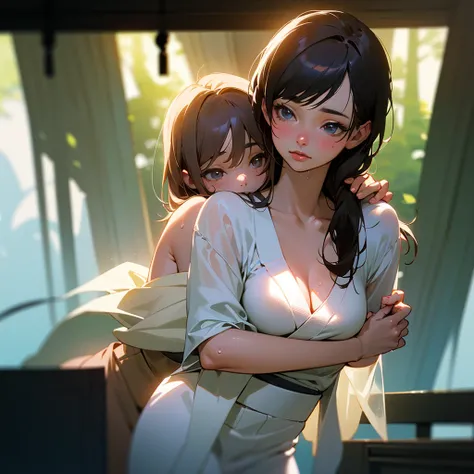 Masterpiece, (photorealistic: 1.2), HD, (detailed skin texture:1.1), best quality, ultra high res, 16 years old japanese 2girls, beautiful lovely sweet cute girl lovely sweet  moe face, 2 ethereal girls, hug from behind, small breasts, breast massage, wet ...