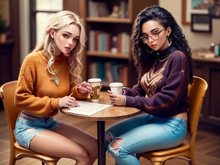 two gorgeous artsy women, long flowing thick natural hair, dressed in  knit sweaters and ripped jeans pants, jewelry, tattoos, i...