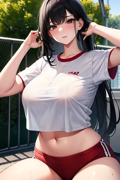 High school girl after exercise、black hair、Gym uniform with white T-shirt and red pants、My clothes are wet with sweat、refreshing face、Plenty of sweat、Bra is transparent、outdoor