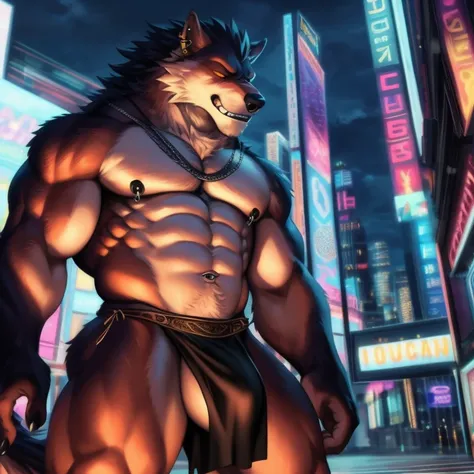 A big dick werewolf, solo in an anime-style scene, deep in thought as he contemplated an unusual desire. His muscular form and exaggerated features were on full display, his eyes closed with a pensive expression. He wore a ripped, low-hanging loincloth, re...