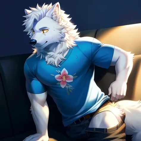 SAMOYED FURRY, WITH FLUFFY HAIR, YELLOW EYES, T-SHIRT REVEALING A FLOWER DESIGN, NSFW, (LEANING FORWARD, CHIN ON HAND), NO PANTS, LARGE ANATOMICAL FEATURE, DRAMAtIC LIGHTING, RED AND BLUE LIGHTS REFLECTING OFF SWEAT, DETAILED CONTOURS, UHD.

Or:

A Samoyed...