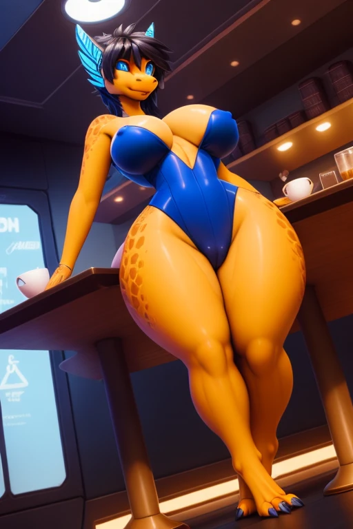 uploaded on e621, explicit content, 3d:0.4, (bastika, cutesexyrobutts, hioshiru, claweddriped), female, cafe interior, sci-fi, thick thighs, thicc, big butt, futuristic, cyberpunk, (scalie), clawed feet, (Anthro), slender waist, (zahn), (Slit pupils), slut...