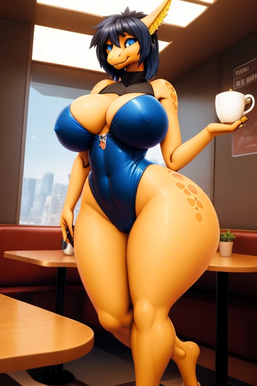 uploaded on e621, explicit content, 3d:0.4, (bastika, cutesexyrobutts, hioshiru, claweddriped), female, cafe interior, sci-fi, thick thighs, thicc, big butt, futuristic, cyberpunk, (scalie), clawed feet, (Anthro), slender waist, (zahn), (Slit pupils), slut...