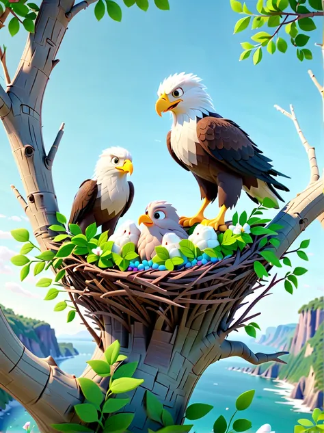 Pixar animation style, Cliffs by the sea，Cute bald eagle，((Sophisticated and beautiful nest:1.5))，branches，green leaves，Colorful flowers and diverse plants, Made of marshmallow material, c4d, 8k, HD quality 